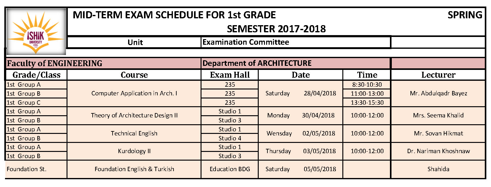 Midterm Exam Schedule Of 1st Grade For Spring Semester - Architectural ...