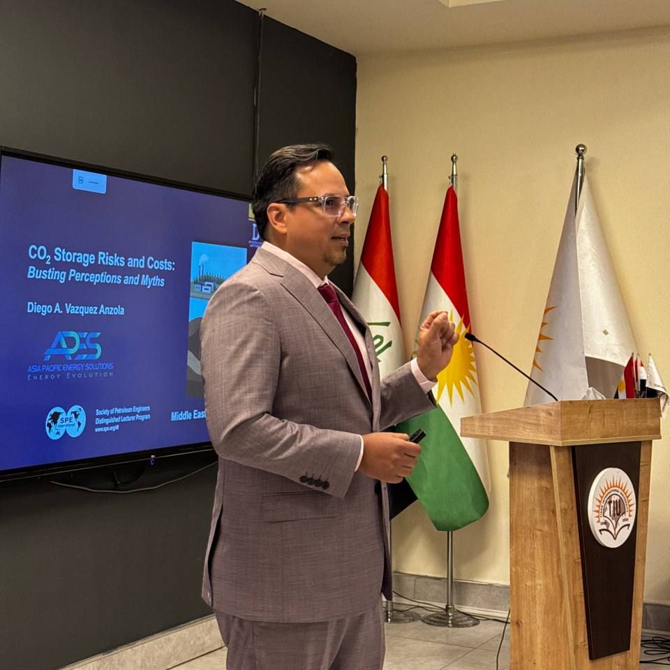 SPE, TIU, Distinguished Lecturer Program, Petroleum and Mining Engineering Department, Carbon Capture and Storage, Carbon Capturing, International Workshop, Energy Transition, APES, Diego A. Vazquez Anzola, SPE Northern Iraq Section, Industry Collaboration, Decarbonization